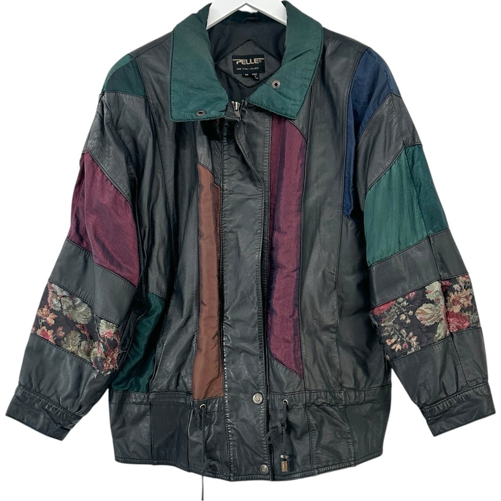 1980s Vintage Black Floral Mixed Material Oversized Genuine Leather Jacket